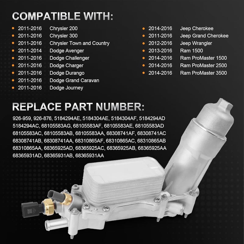 TEMSONE 926-959 Upgrade Full Aluminum Engine Oil Filter Housing Oil Cooler Kit with Gaskets & Sensors Compatible with 2011-2016 Chrysler 200/300 Dodge Charger Avenger Journey Wrangler Ram Promaster 3.6L - Image 2